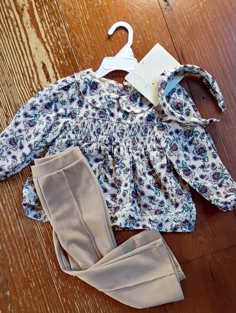 Joie Beige Floral Smocked Long-Sleeve Top, Pants and Headband 2t